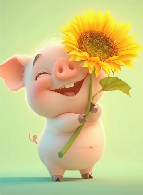 9 Heo hoạt hình cầm hoa hướng dương, mắt nhắm cười tít, dáng nhỏ xíu tạo cảm giác vui vẻ như đang đi tỏ tình