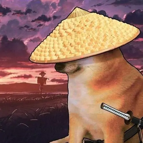 8 Meme chó Shiba đội nón rơm, ngậm thanh kiếm nhỏ giữa nền hoàng hôn, ánh mắt nghiêng như chuẩn bị vào trận đấu