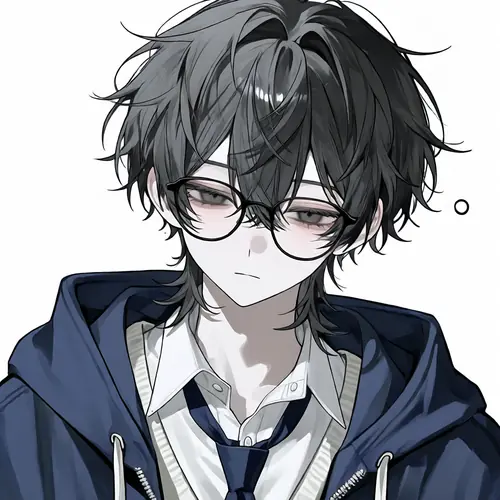 14 Nam anime tóc đen đeo kính, mặc hoodie xanh và nhìn thẳng với gương mặt ít biểu cảm.