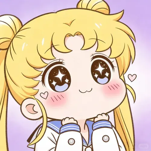 12 Đôi mắt hình sao nổi bật trên gương mặt chibi tóc vàng, hai tay chống cằm cạnh trái tim nhỏ.