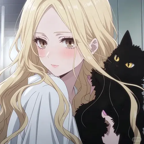 14 Cô gái anime tóc vàng dài nhìn nghiêng, mặc áo xám cạnh mèo đen trên nền tối.