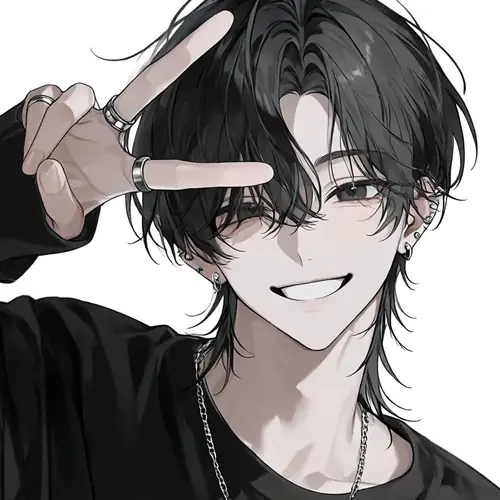 21 Nam anime tóc đen cười rộng, giơ hai ngón tay trước mặt trong chiếc áo màu đen.