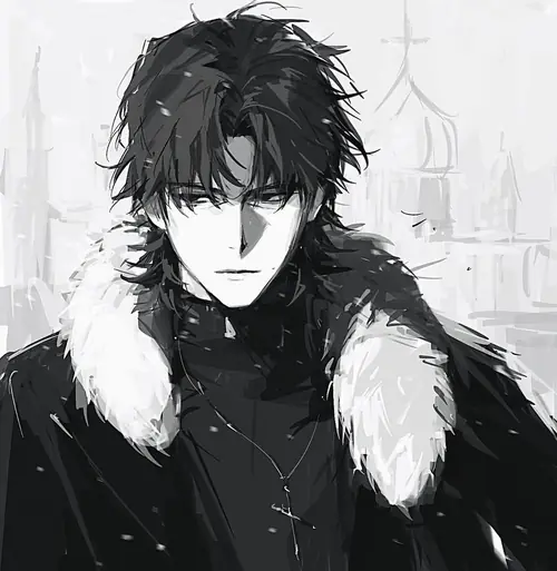 24 Nam anime tóc đen mặc áo khoác cổ lông, nhìn thẳng trong bức vẽ trắng đen tối giản.