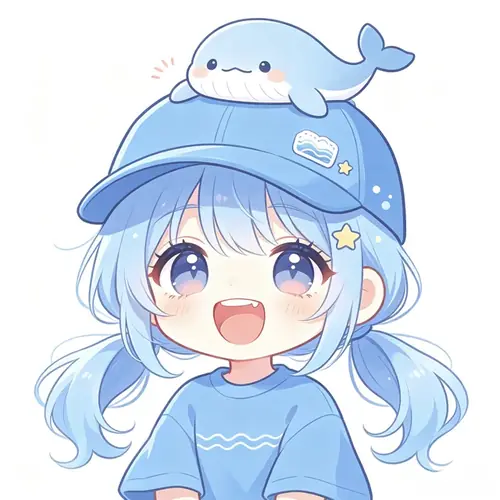 24 Cô gái chibi tóc xanh cười tươi, đội mũ cá voi xanh và mặc áo cùng tông màu.