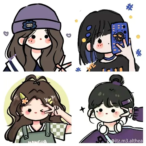 15 Bộ ảnh đại diện có bốn nhân vật chibi tóc đen, mặc đồ tối và tạo dáng riêng.
