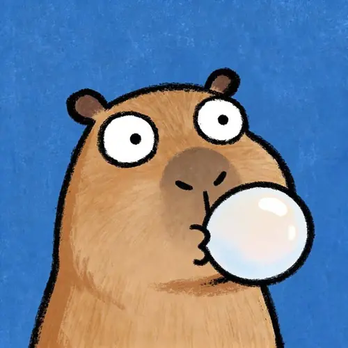 15 Capybara chibi thổi bong bóng trắng tròn, mắt nhìn sang bên trên nền xanh.