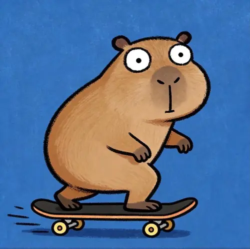 17 Trên hình đại diện, capybara đứng trên ván trượt, mắt mở to và dáng hơi nghiêng.