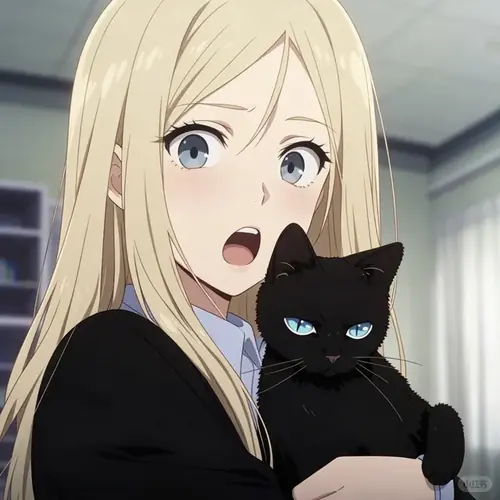 12 Cô gái anime tóc vàng há miệng ngạc nhiên, ôm mèo đen sát ngực trong avatar.