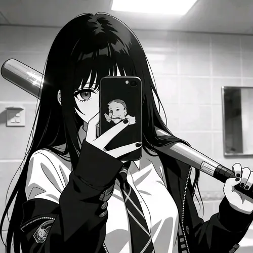 BST 97 Lạnh Lùng Hình Anime Nữ Ngầu Trắng Đen gương mặt điềm tĩnh và ánh mắt kiên định